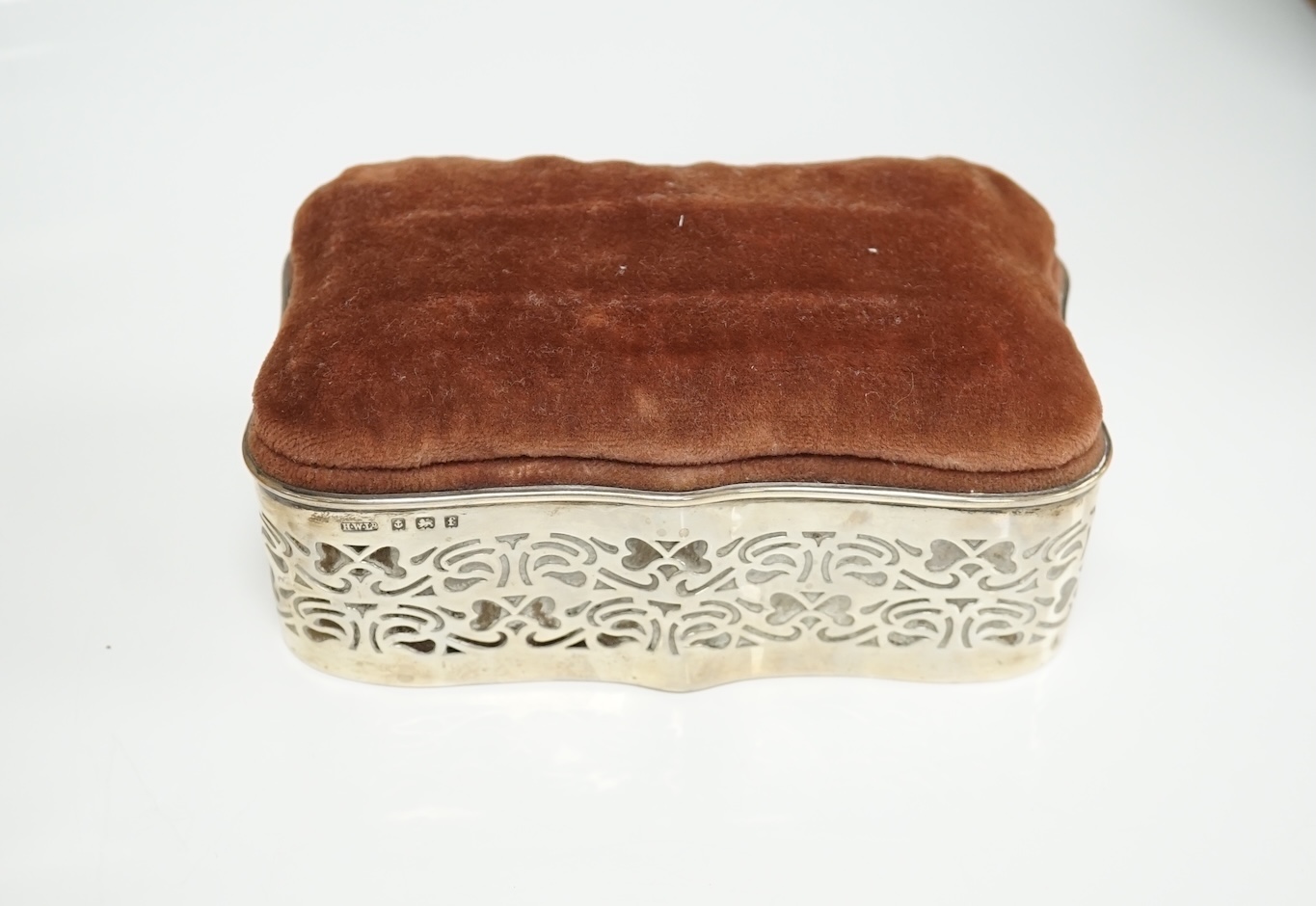 An Edwardian pierced silver mounted pin cushion/trinket box, by Henry Williamson Ltd, Birmingham, 1905, 12.8cm. Condition - poor